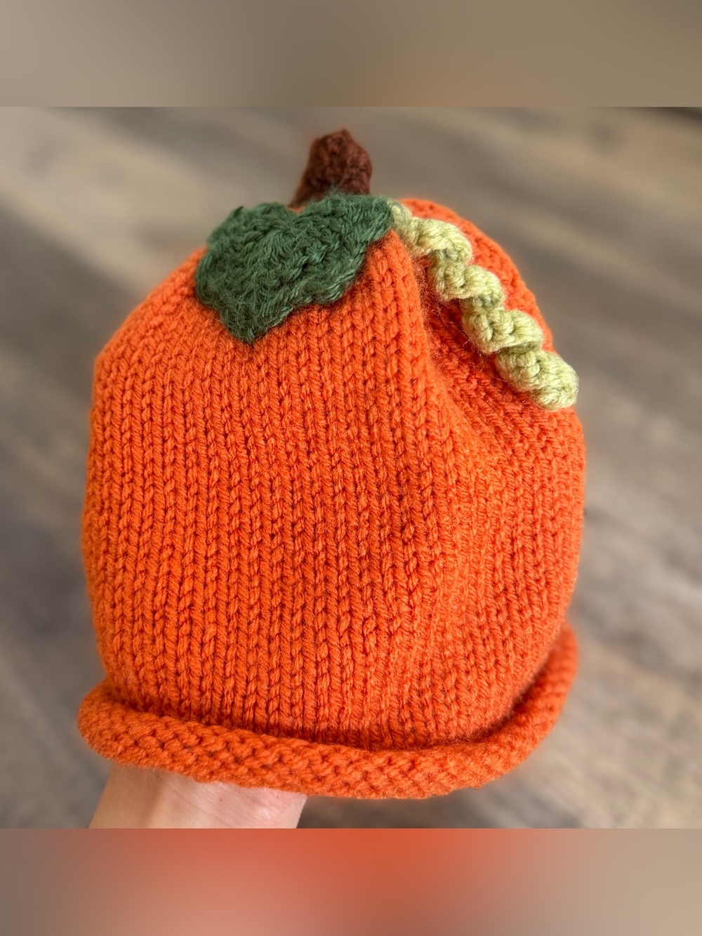 Knit Pumpkin Hat Orange Autumn Fall Photos Pumpkin Patch (8.5” Wide Laying Flat)